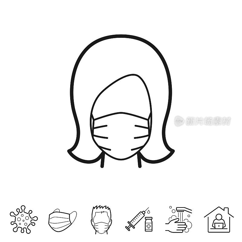 Woman in medical face protection mask. Line icon - Editable stroke